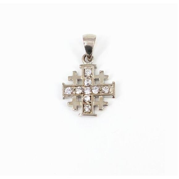 Vintage Jerusalem Cross Pendant 925 Silver Plated Rhinestones Crusader Christian - Picture 1 of 11